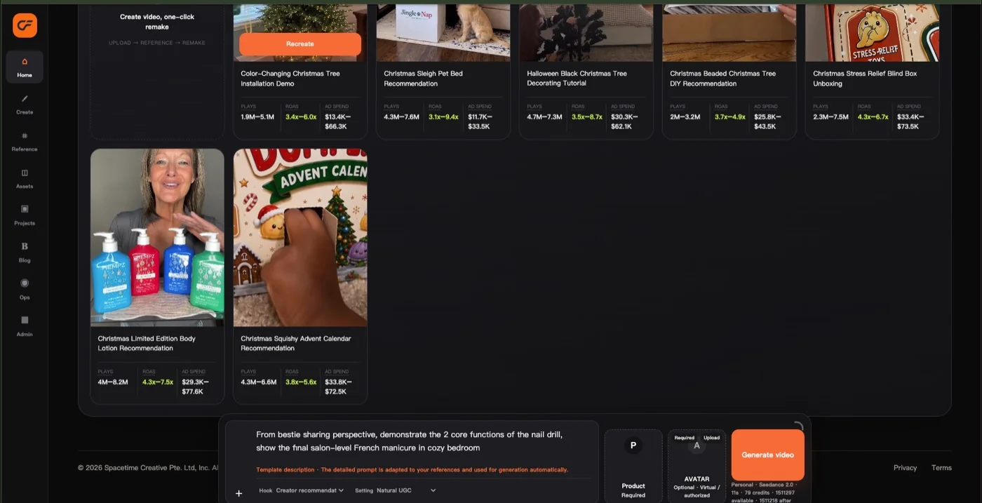 Seven PGC Christmas templates in the CreativeFly browser, each card showing the source ad's real video thumbnail plus views, ROAS, and ad-spend ranges.