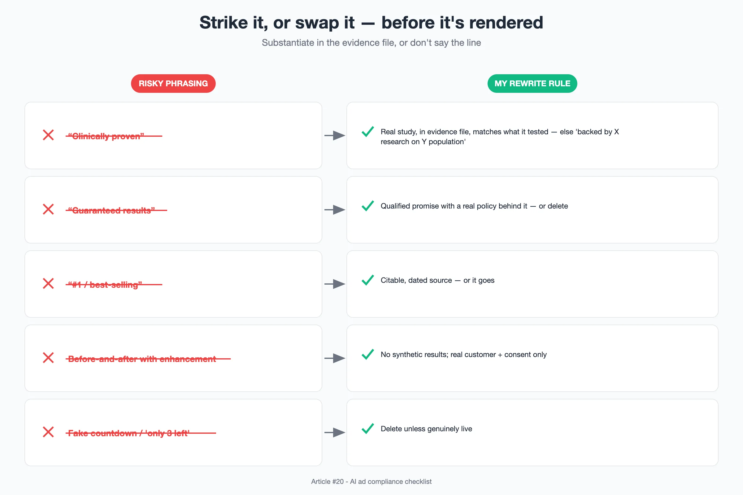 Diagram: Two-column strike-and-swap table of risky claim phrasings with compliant rewrite rules for each