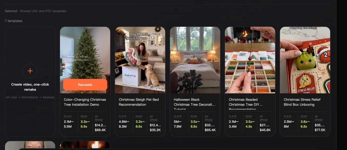 Christmas PGC templates sorted by ROAS in CreativeFly Marketing Studio — real plays, ROAS and ad-spend ranges on every card